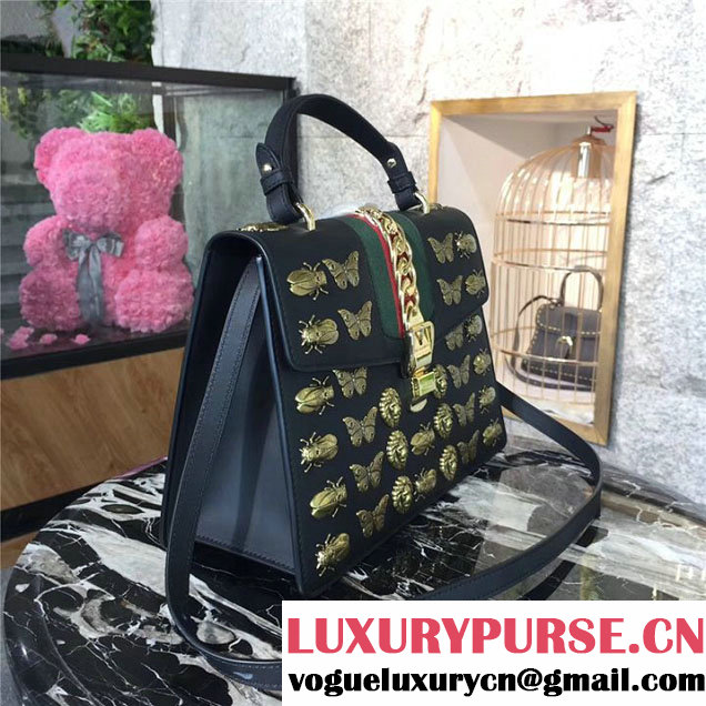 Gucci Sylvie Animal Studs 31cm Bag 470270 Calfskin Leather Spring Summer 2017 Collection Black