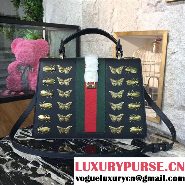 Gucci Sylvie Animal Studs 31cm Bag 470270 Calfskin Leather Spring Summer 2017 Collection Black