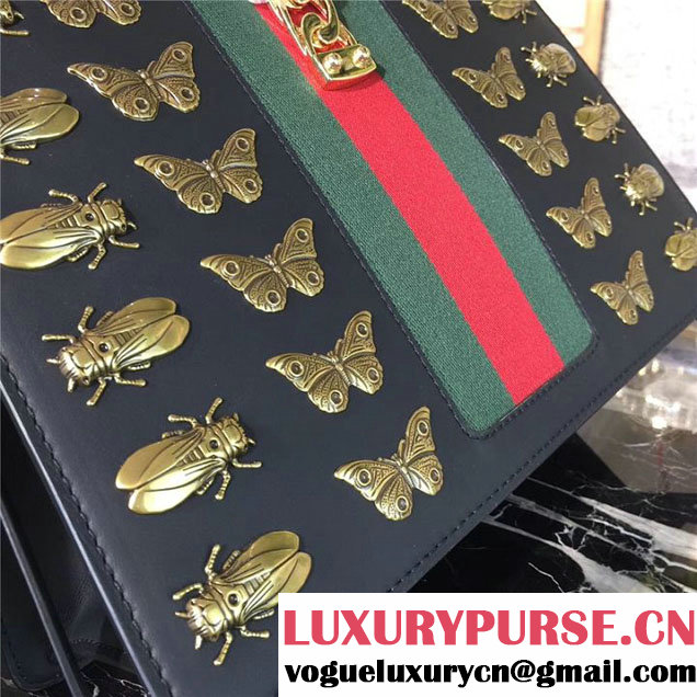 Gucci Sylvie Animal Studs 31cm Bag 470270 Calfskin Leather Spring Summer 2017 Collection Black
