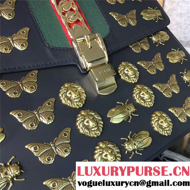 Gucci Sylvie Animal Studs 31cm Bag 470270 Calfskin Leather Spring Summer 2017 Collection Black
