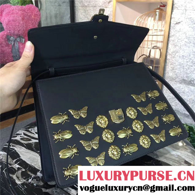 Gucci Sylvie Animal Studs 31cm Bag 470270 Calfskin Leather Spring Summer 2017 Collection Black