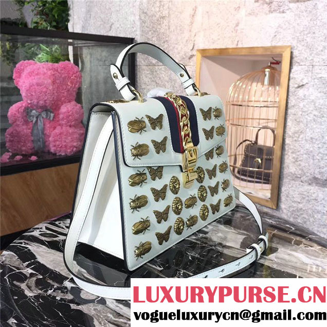 Gucci Sylvie Animal Studs 31cm Bag 470270 Calfskin Leather Spring Summer 2017 Collection White