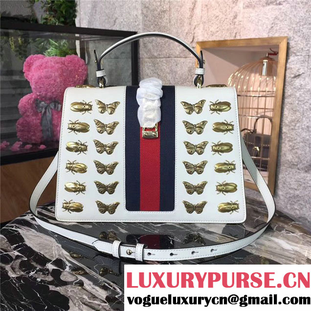 Gucci Sylvie Animal Studs 31cm Bag 470270 Calfskin Leather Spring Summer 2017 Collection White