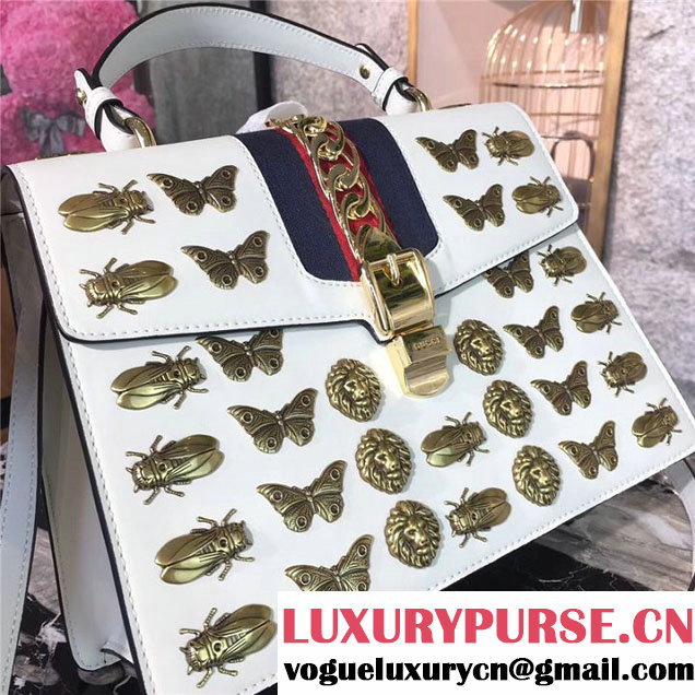 Gucci Sylvie Animal Studs 31cm Bag 470270 Calfskin Leather Spring Summer 2017 Collection White