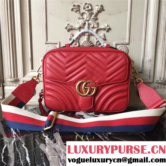 Gucci GG Marmont Chevron Quilted Top Handle Camera 25cm Bag Calfskin Leather 498100 Fall Winter 2017 Collection Red