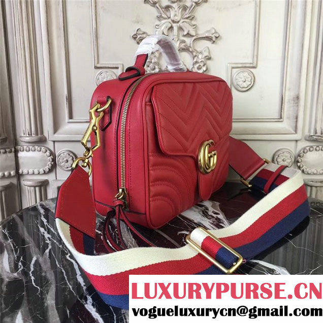 Gucci GG Marmont Chevron Quilted Top Handle Camera 25cm Bag Calfskin Leather 498100 Fall Winter 2017 Collection Red