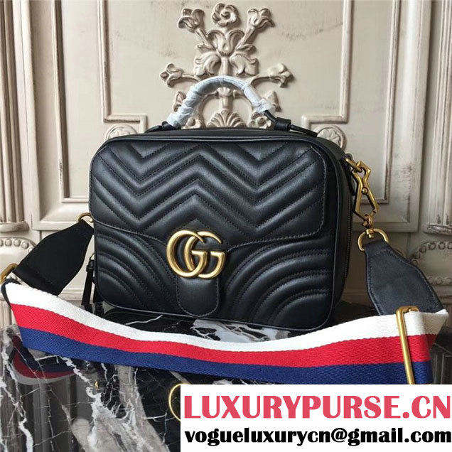 Gucci GG Marmont Chevron Quilted Top Handle Camera 25cm Bag Calfskin Leather 498100 Fall Winter 2017 Collection Black