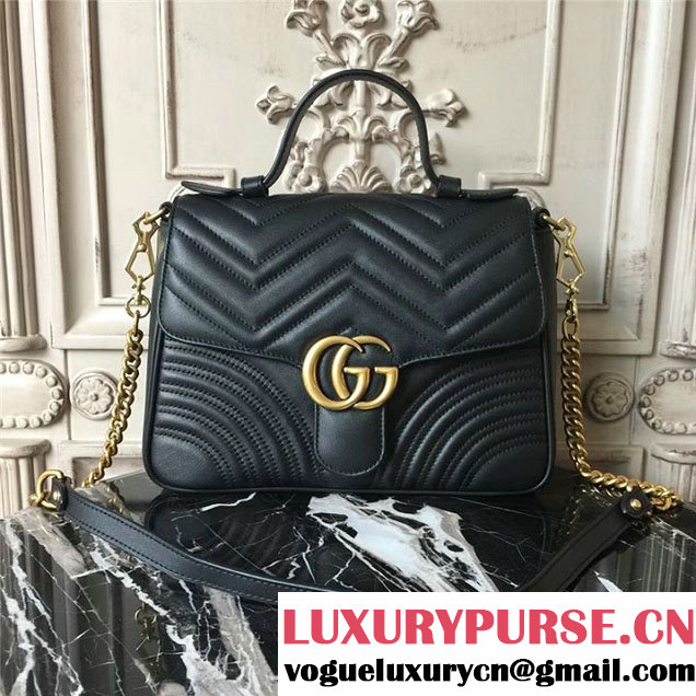 Gucci GG Marmont Chevron Quilted Top Handle 26cm Bag with Chain Strap Calfskin Leather 498110 Fall Winter 2017 Collection Black