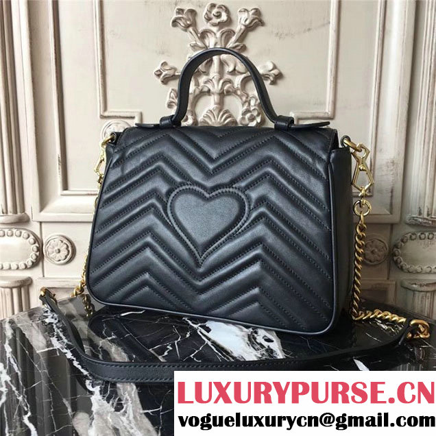 Gucci GG Marmont Chevron Quilted Top Handle 26cm Bag with Chain Strap Calfskin Leather 498110 Fall Winter 2017 Collection Black