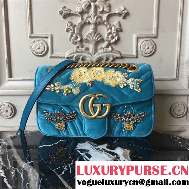 Gucci Marmont Chevron Beetle Embroidered Velvet Shoulder Bag 22cm 443497 Fall Winter 2017 Collection Turquoise