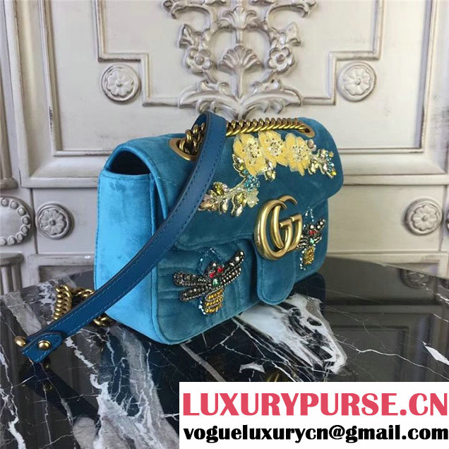 Gucci Marmont Chevron Beetle Embroidered Velvet Shoulder Bag 22cm 443497 Fall Winter 2017 Collection Turquoise