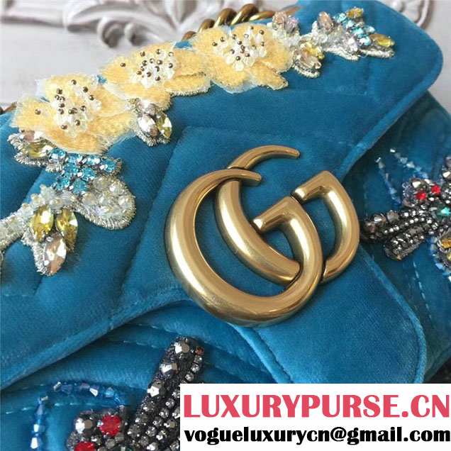 Gucci Marmont Chevron Beetle Embroidered Velvet Shoulder Bag 22cm 443497 Fall Winter 2017 Collection Turquoise