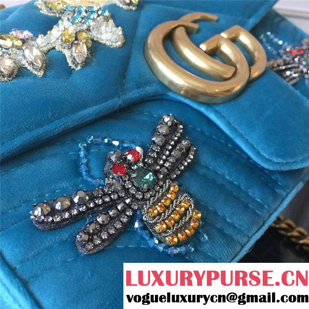 Gucci Marmont Chevron Beetle Embroidered Velvet Shoulder Bag 22cm 443497 Fall Winter 2017 Collection Turquoise
