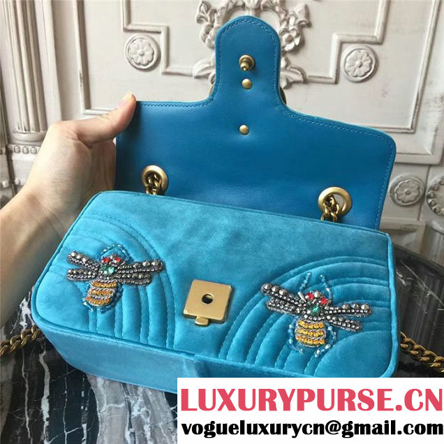 Gucci Marmont Chevron Beetle Embroidered Velvet Shoulder Bag 22cm 443497 Fall Winter 2017 Collection Turquoise
