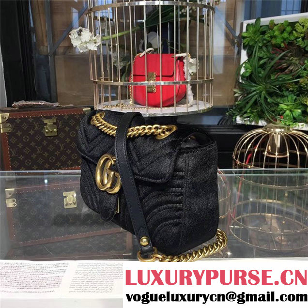 Gucci Marmont Chevron Velvet Shoulder Bag 22cm 443497 Fall Winter 2017 Collection Black