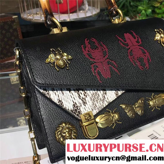 Gucci Ottilia Top Handle Bamboo Bag with Animal Studs 25cm 488712 Python Calfskin Leather Fall Winter 2017 Collection Black