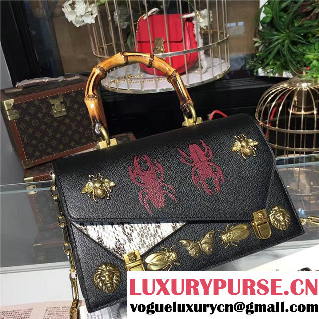 Gucci Ottilia Top Handle Bamboo Bag with Animal Studs 25cm 488712 Python Calfskin Leather Fall Winter 2017 Collection Black