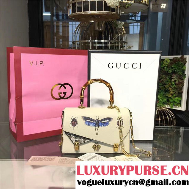 Gucci Ottilia Top Handle Bamboo Bag with Animal Studs 25cm 488712 Python Calfskin Leather Fall Winter 2017 Collection White