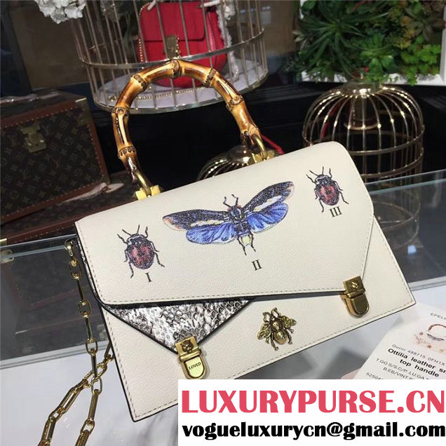 Gucci Ottilia Top Handle Bamboo Bag with Animal Studs 25cm 488712 Python Calfskin Leather Fall Winter 2017 Collection White