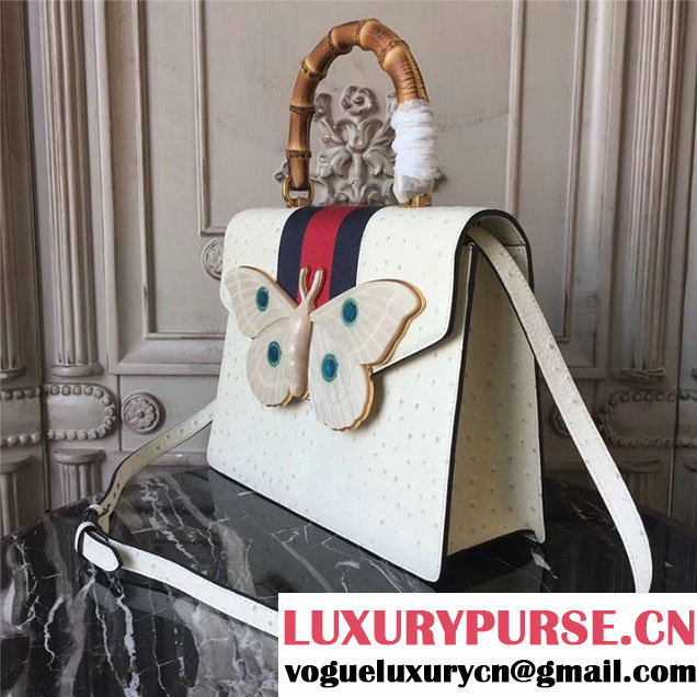 Gucci Falena Moth Bamboo Top Handle Leather Satchel Bag Calfskin Leather 30cm 48891 Fall Winter 2017 Collection White