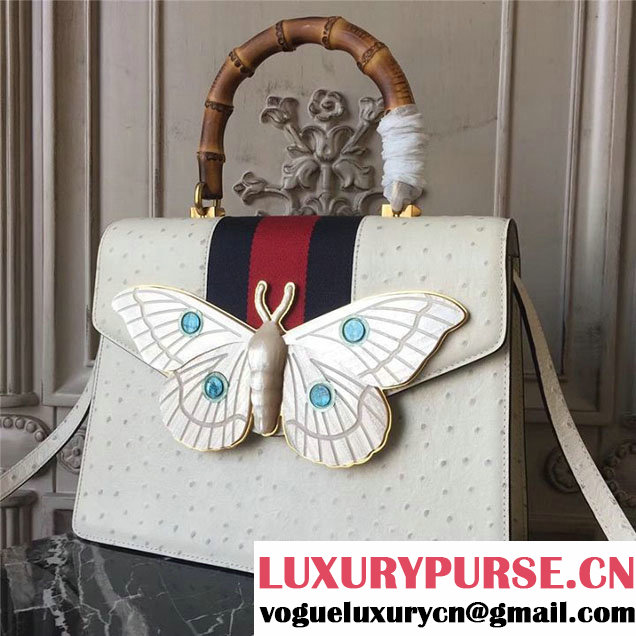 Gucci Falena Moth Bamboo Top Handle Leather Satchel Bag Calfskin Leather 30cm 48891 Fall Winter 2017 Collection White