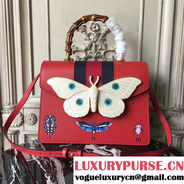 Gucci Falena Moth Bamboo Top Handle Leather Satchel Bag Calfskin Leather 30cm 488691 Fall Winter 2017 Collection Red