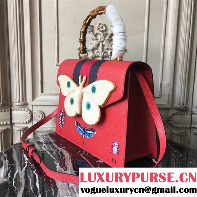 Gucci Falena Moth Bamboo Top Handle Leather Satchel Bag Calfskin Leather 30cm 488691 Fall Winter 2017 Collection Red