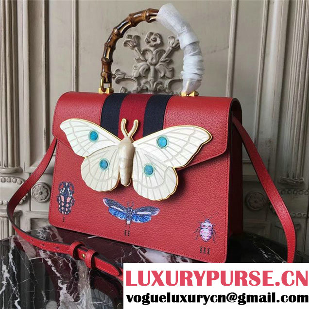 Gucci Falena Moth Bamboo Top Handle Leather Satchel Bag Calfskin Leather 30cm 488691 Fall Winter 2017 Collection Red