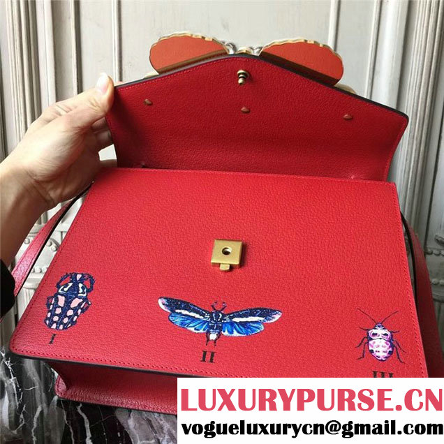 Gucci Falena Moth Bamboo Top Handle Leather Satchel Bag Calfskin Leather 30cm 488691 Fall Winter 2017 Collection Red