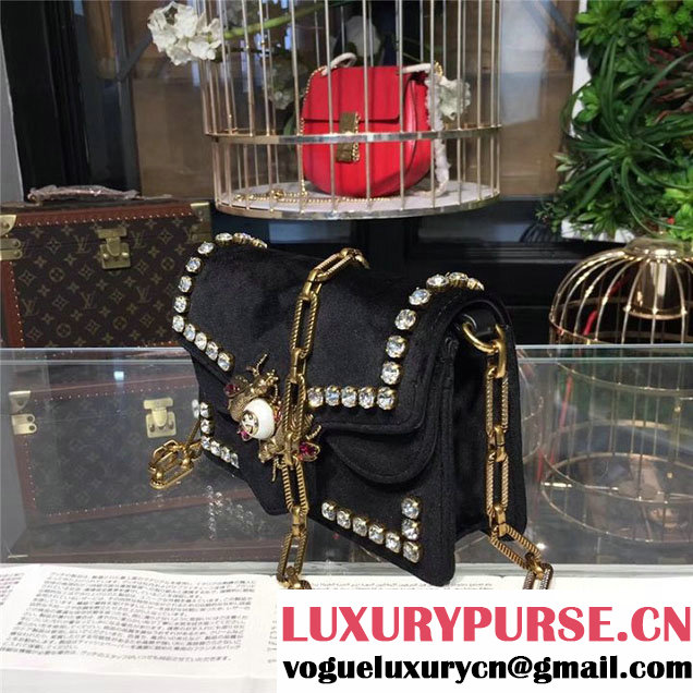 Gucci Broadway Bee Velvet Shoulder Bag with Crystals 18cm 489218 Fall Winter 2017 Collection Black
