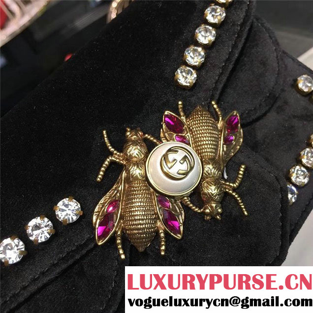 Gucci Broadway Bee Velvet Shoulder Bag with Crystals 18cm 489218 Fall Winter 2017 Collection Black