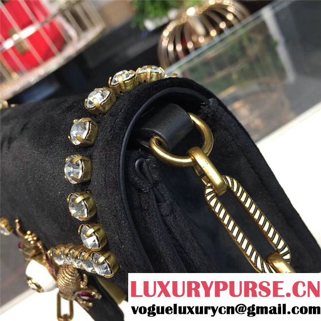 Gucci Broadway Bee Velvet Shoulder Bag with Crystals 18cm 489218 Fall Winter 2017 Collection Black
