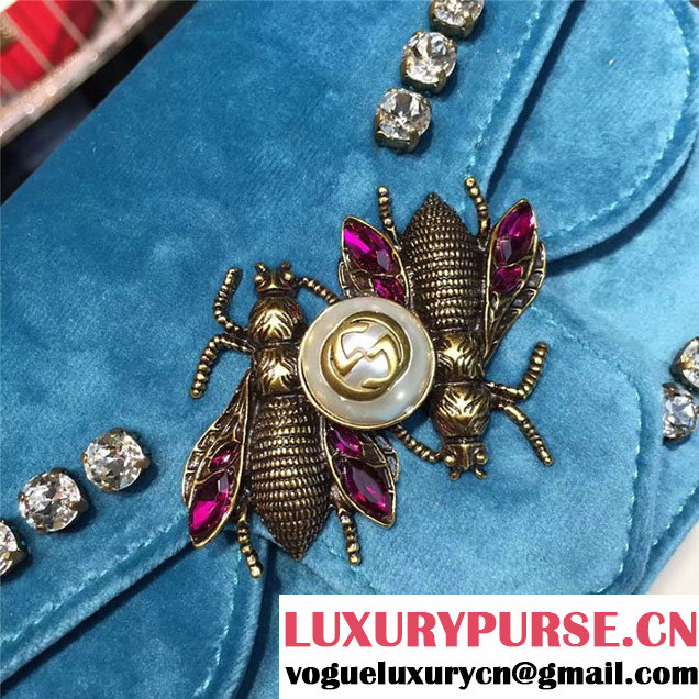 Gucci Broadway Bee Velvet Shoulder Bag with Crystals 18cm 489218 Fall Winter 2017 Collection Turquoise