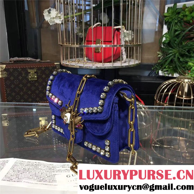 Gucci Broadway Bee Velvet Shoulder Bag with Crystals 18cm 489218 Fall Winter 2017 Collection Electric Blue