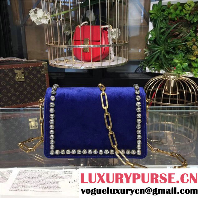Gucci Broadway Bee Velvet Shoulder Bag with Crystals 18cm 489218 Fall Winter 2017 Collection Electric Blue