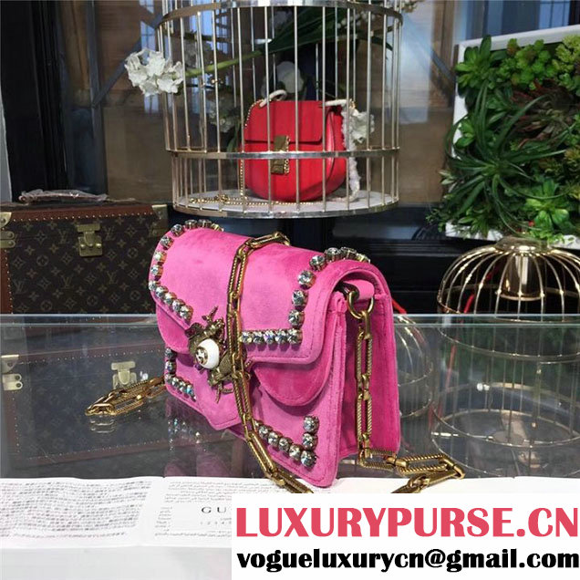 Gucci Broadway Bee Velvet Shoulder Bag with Crystals 18cm 489218 Fall Winter 2017 Collection Raspberry
