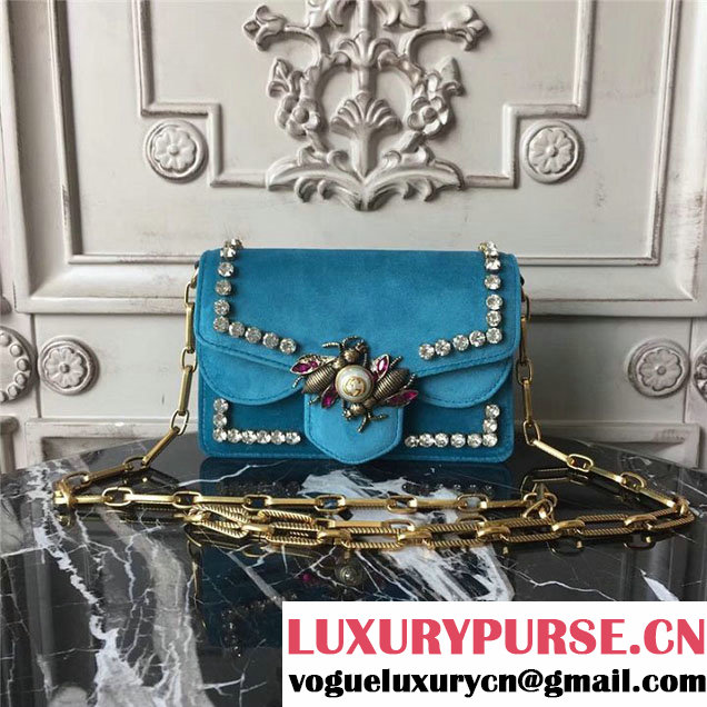 Gucci Broadway Bee Velvet Shoulder Bag with Crystals 18cm 489218 Fall Winter 2017 Collection Turquoise