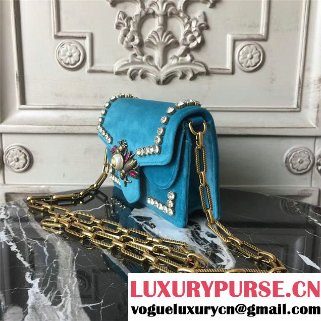 Gucci Broadway Bee Velvet Shoulder Bag with Crystals 18cm 489218 Fall Winter 2017 Collection Turquoise