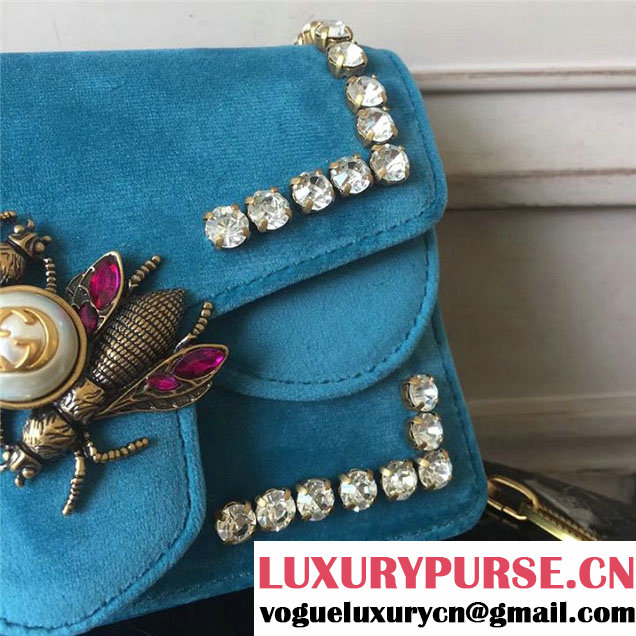 Gucci Broadway Bee Velvet Shoulder Bag with Crystals 18cm 489218 Fall Winter 2017 Collection Turquoise