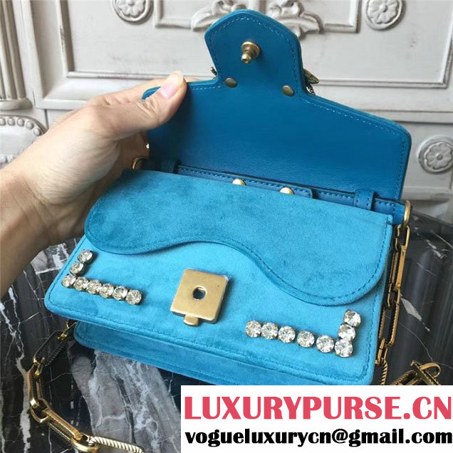 Gucci Broadway Bee Velvet Shoulder Bag with Crystals 18cm 489218 Fall Winter 2017 Collection Turquoise