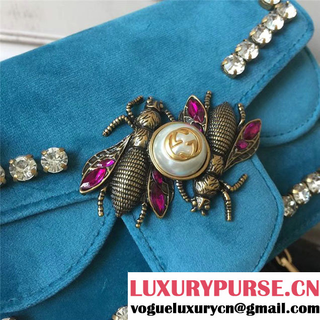 Gucci Broadway Bee Velvet Shoulder Bag with Crystals 18cm 489218 Fall Winter 2017 Collection Turquoise
