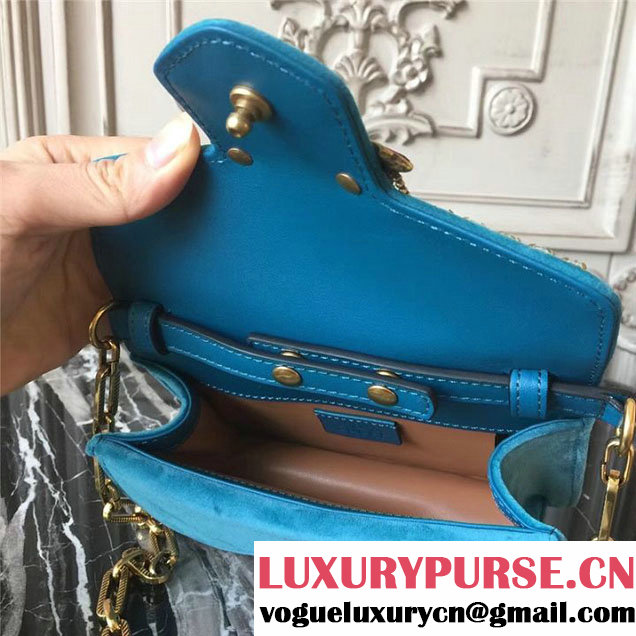 Gucci Broadway Bee Velvet Shoulder Bag with Crystals 18cm 489218 Fall Winter 2017 Collection Turquoise