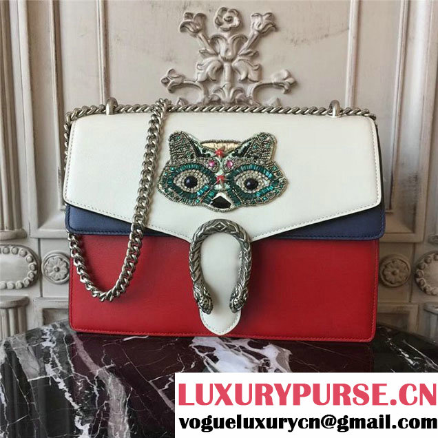 Gucci Dionysus Shoulder Bag 30cm 400235 Raccoon Appliqu&eacute; Floral Embroidery Calfskin Leather Fall Winter 2017 Collection Red White Navy