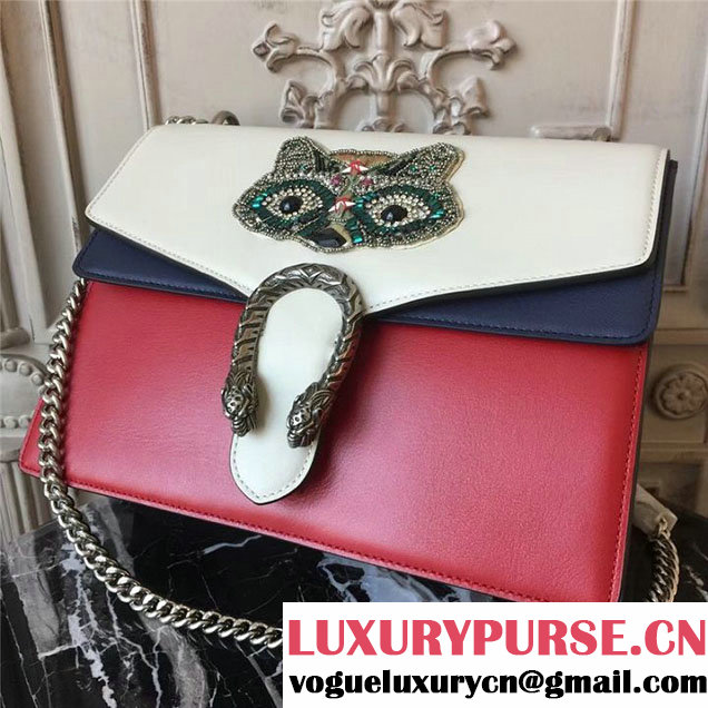 Gucci Dionysus Shoulder Bag 30cm 400235 Raccoon Appliqu&eacute; Floral Embroidery Calfskin Leather Fall Winter 2017 Collection Red White Navy