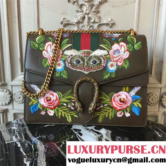 Gucci Dionysus Shoulder Bag 30cm 400235 Raccoon Appliqu&eacute; Floral Embroidery Calfskin Leather Fall Winter 2017 Collection Brown