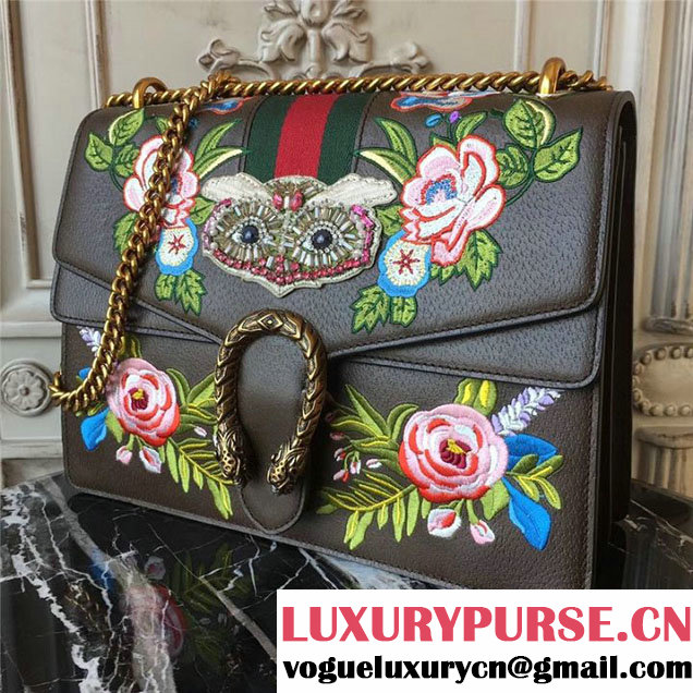 Gucci Dionysus Shoulder Bag 30cm 400235 Raccoon Appliqu&eacute; Floral Embroidery Calfskin Leather Fall Winter 2017 Collection Brown