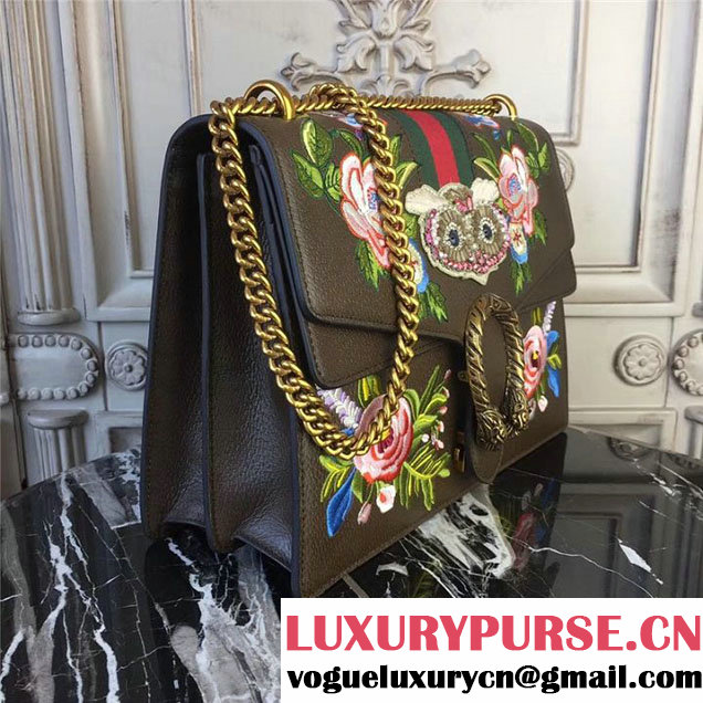 Gucci Dionysus Shoulder Bag 30cm 400235 Raccoon Appliqu&eacute; Floral Embroidery Calfskin Leather Fall Winter 2017 Collection Brown