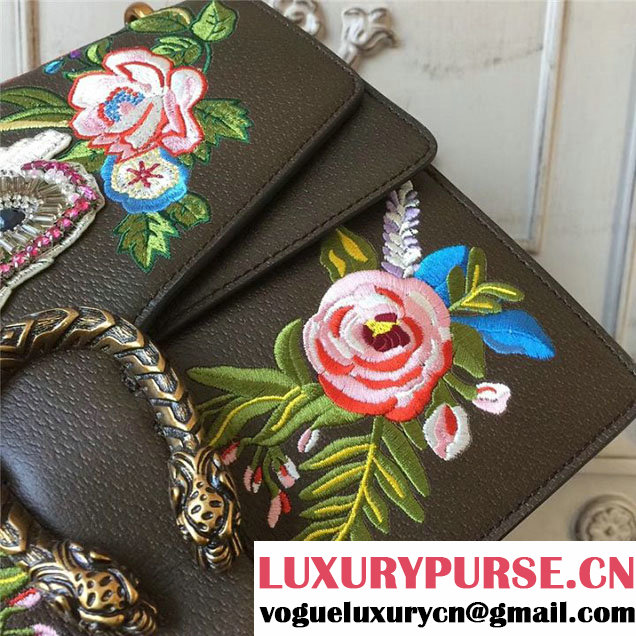 Gucci Dionysus Shoulder Bag 30cm 400235 Raccoon Appliqu&eacute; Floral Embroidery Calfskin Leather Fall Winter 2017 Collection Brown