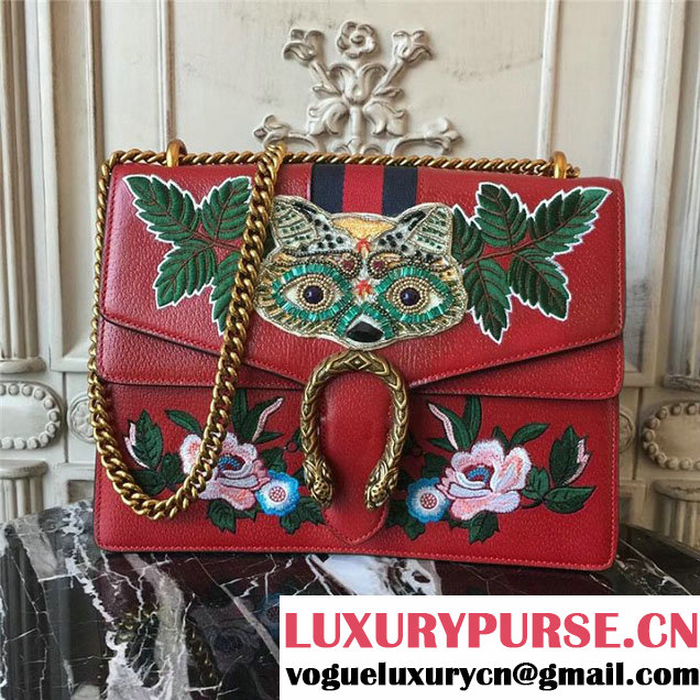 Gucci Dionysus Shoulder Bag 30cm 400235 Raccoon Appliqu&eacute; Floral Embroidery Calfskin Leather Fall Winter 2017 Collection Burgundy Red