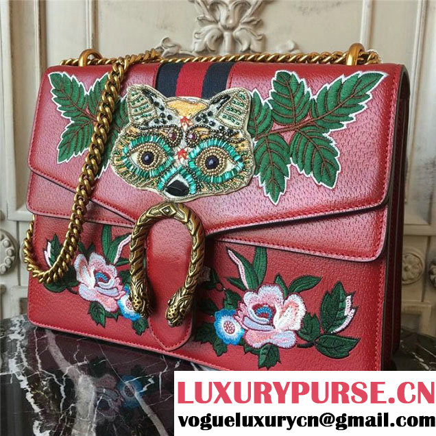 Gucci Dionysus Shoulder Bag 30cm 400235 Raccoon Appliqu&eacute; Floral Embroidery Calfskin Leather Fall Winter 2017 Collection Burgundy Red